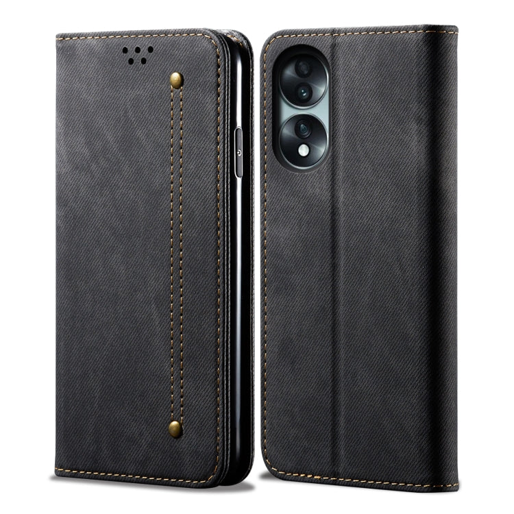Black denim-texture flip phone case with stitched panel and dual camera cutout.