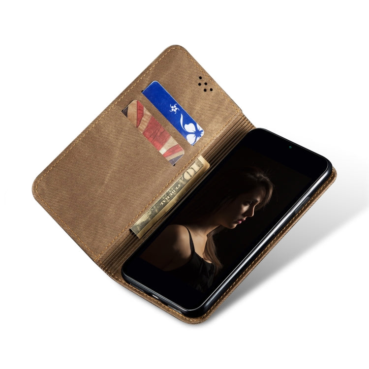 Brown denim-textured leather flip phone case with card slot pocket