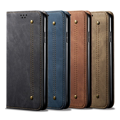 Multi-color denim-textured leather flip phone cases in black, blue, brown, and khaki