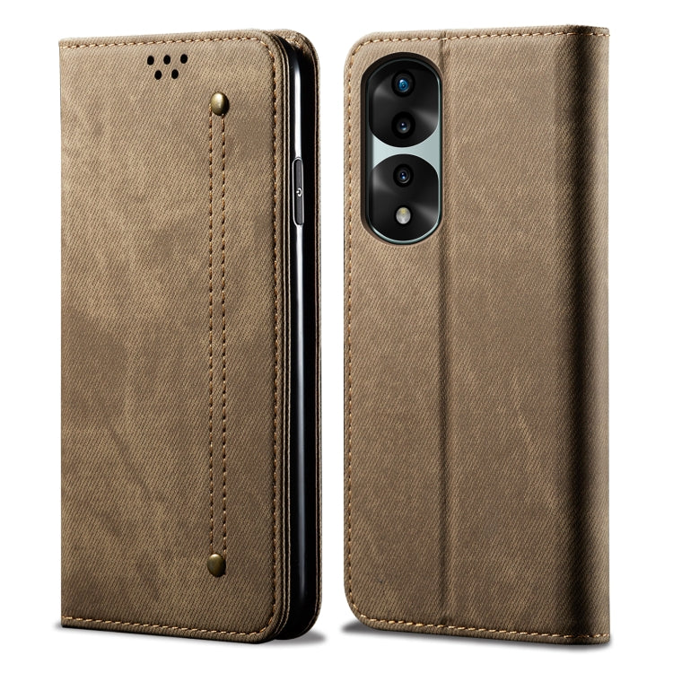 Khaki denim-texture flip phone case with dual camera opening and stitched edges.