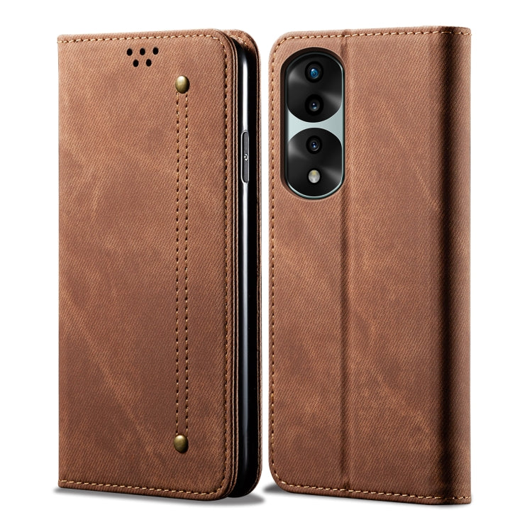 Brown denim-texture flip phone case with front cover and dual camera opening.