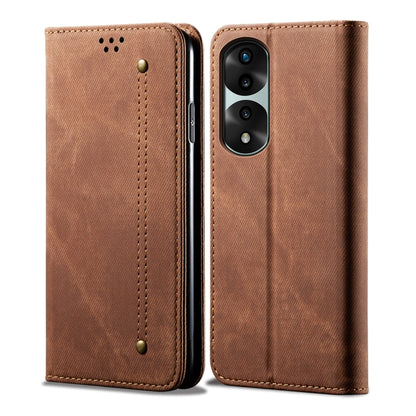 Brown denim-texture flip phone case with front cover and dual camera opening.