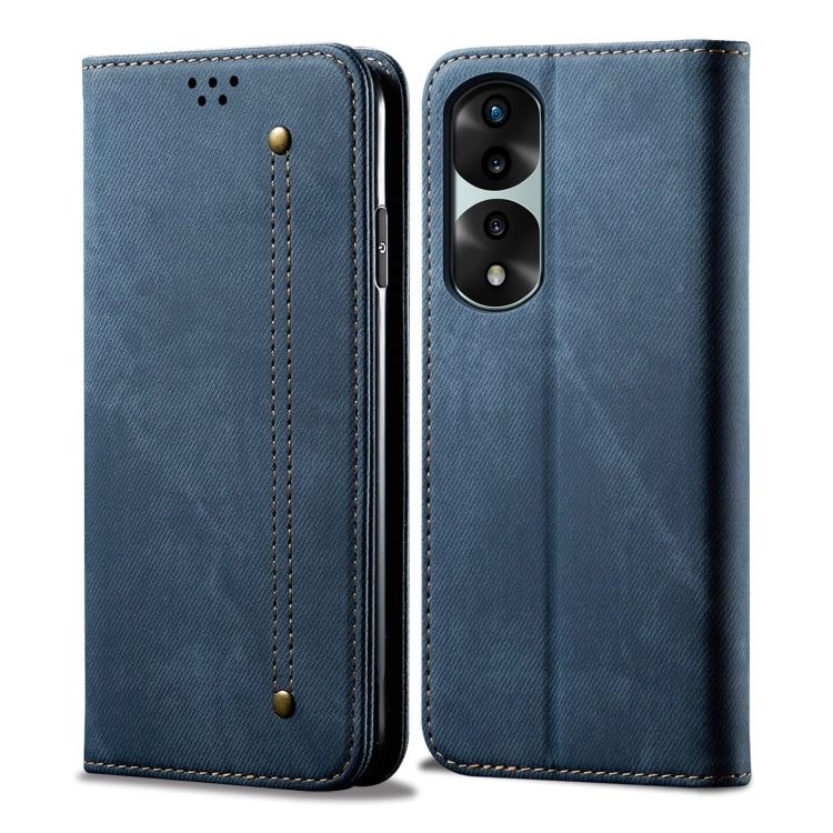 Blue denim-texture flip phone case, front and back views with dual camera cutout.