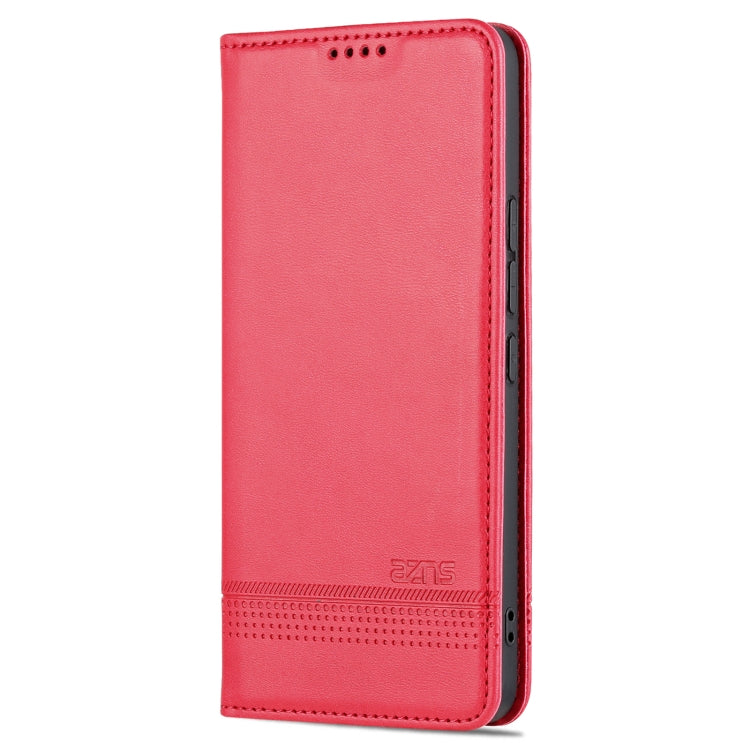 Red leather-style folio phone case with textured finish, side view