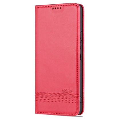 Red leather-style folio phone case with textured finish, side view