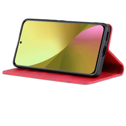 Red leather-style folio phone case, open with stand for viewing on phone