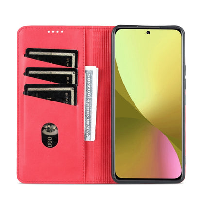 Red leather-style folio phone case with card slots and phone front view