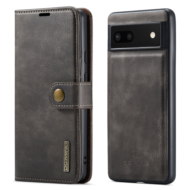 Detachable magnetic leather phone case, dark grey folio with snap strap and cutouts