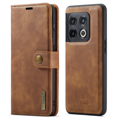 Detachable magnetic leather phone case, brown folio wallet with snap strap and lens cutouts
