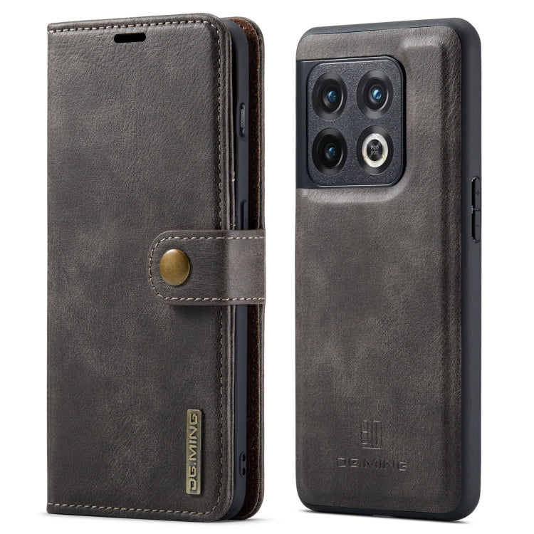 Detachable magnetic leather phone case, dark grey folio with snap strap and lens cutouts