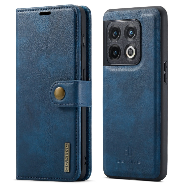 Detachable magnetic leather phone case, blue; folio cover with brass-tone magnetic button