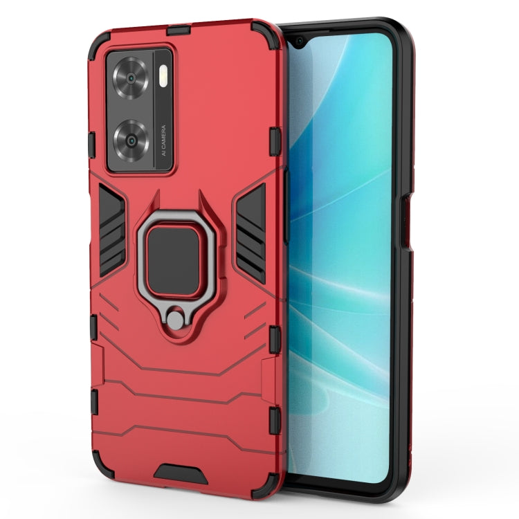 Shockproof phone case for OPPO A57 4G, red PC back with TPU bumper and ring