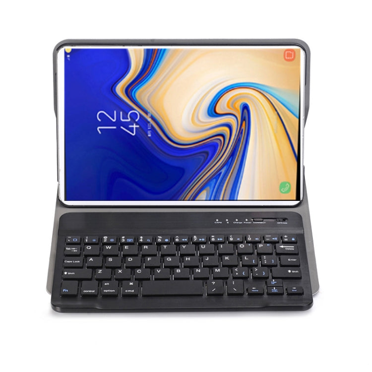 Black tablet keyboard case with keyboard attached and tablet screen on