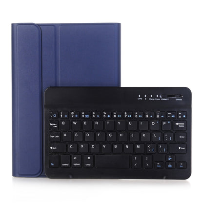 Blue detachable Bluetooth keyboard case with folio cover and attached keyboard