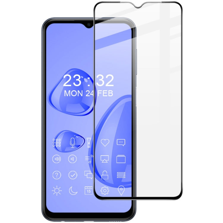 Full-screen tempered glass protector, clear sheet with black border on phone screen