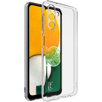 Clear TPU phone case with camera cutout and raised bezel, showing phone front through.