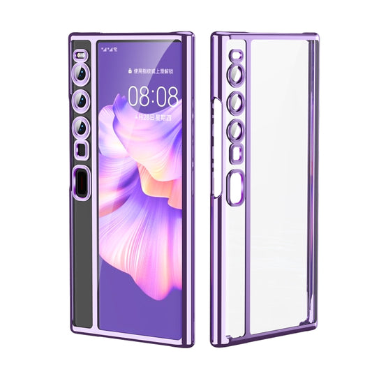 Purple electroplated protective phone case with transparent back, camera and port cutouts