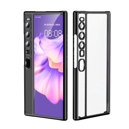 Black electroplated protective phone case with transparent back and camera lens cutouts
