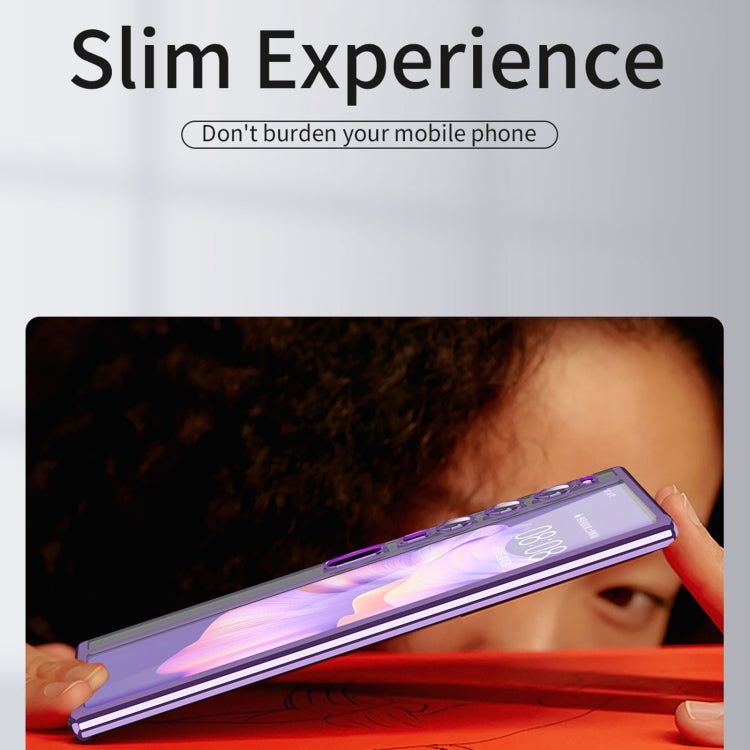 Slim purple-rim protective phone case with transparent back and camera/port cutouts