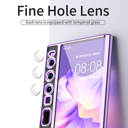 Purple-rim clear phone case with circular lens cutouts and camera openings