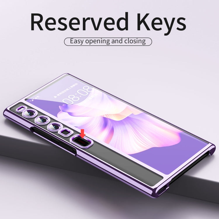 Purple-rim clear protective phone case with side button cutout and camera openings