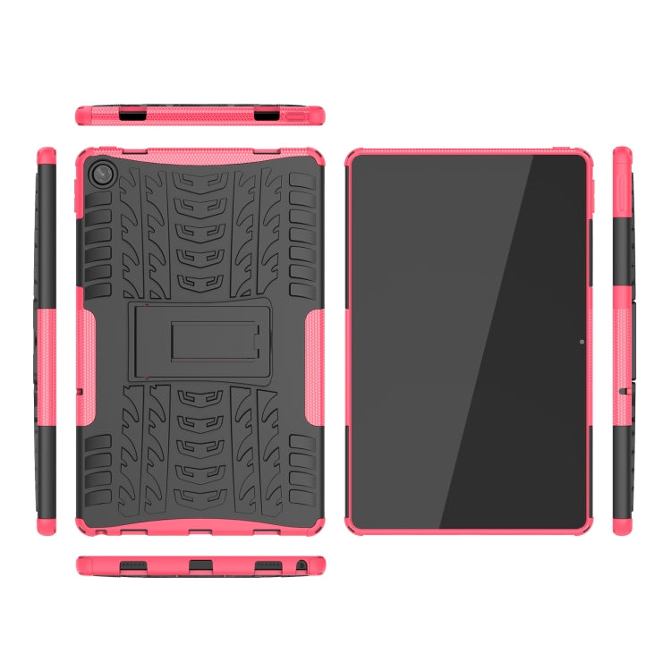 Shockproof tablet case with holder and kickstand, pink/black tire-texture design, side ports