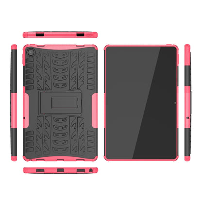Shockproof tablet case with holder and kickstand, pink/black tire-texture design, side ports