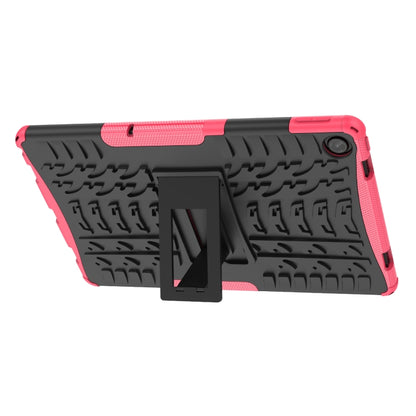Shockproof tablet case with kickstand, black tire-texture grip and pink corner protection