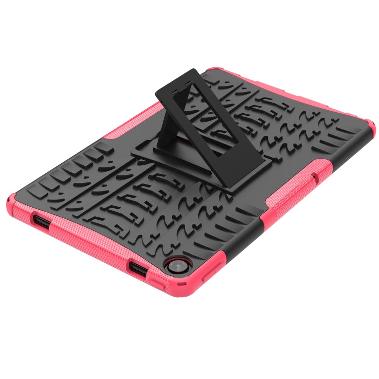 Shockproof tablet case with adjustable stand, black tire-texture surface and pink frame