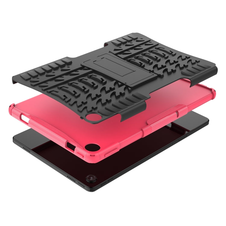 Shockproof tablet case with stand, black tire-texture top and pink base with camera cutout