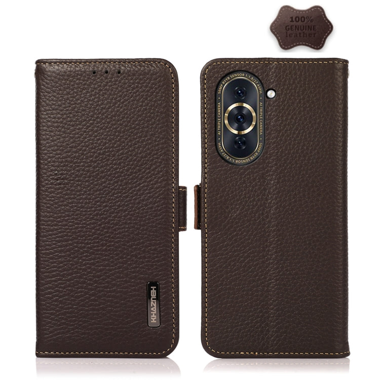 KHAZNEH genuine leather RFID phone case with side magnetic closure, brown litchi texture