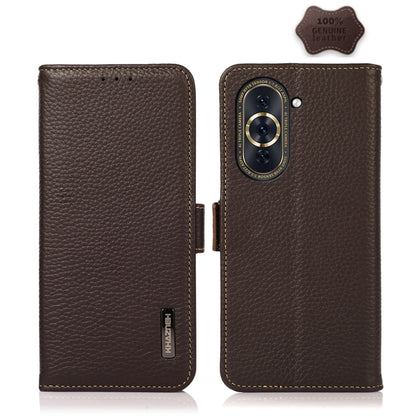 KHAZNEH genuine leather RFID phone case with side magnetic closure, brown litchi texture