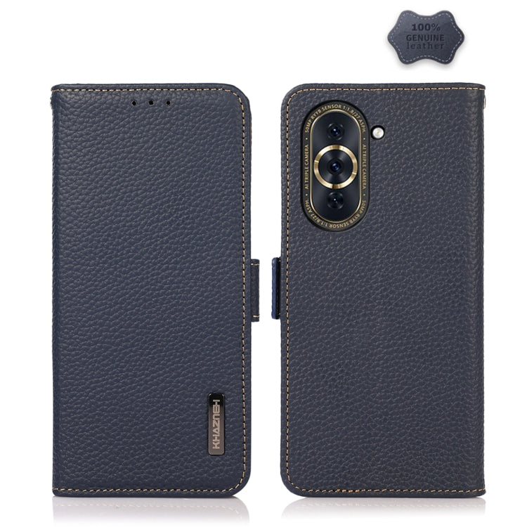 KHAZNEH genuine leather RFID phone case with side magnetic closure, blue litchi texture