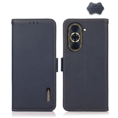 KHAZNEH genuine leather RFID phone case with side magnetic closure, blue litchi texture