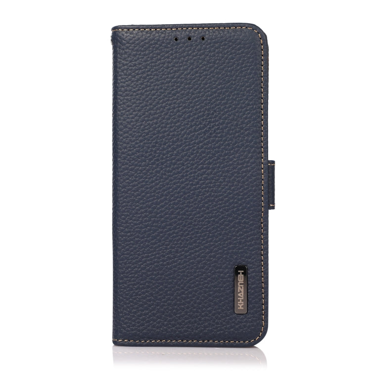 KHAZNEH litchi genuine leather RFID phone case, blue, front side view