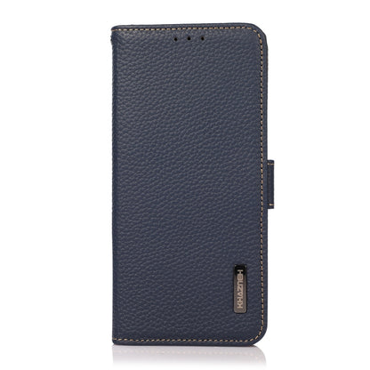 KHAZNEH litchi genuine leather RFID phone case, blue, front side view