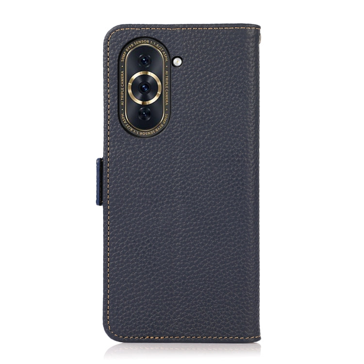 KHAZNEH genuine leather RFID phone case, blue litchi texture, back with camera cutout