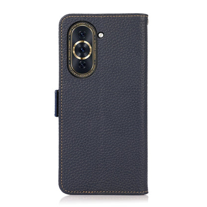 KHAZNEH genuine leather RFID phone case, blue litchi texture, back with camera cutout