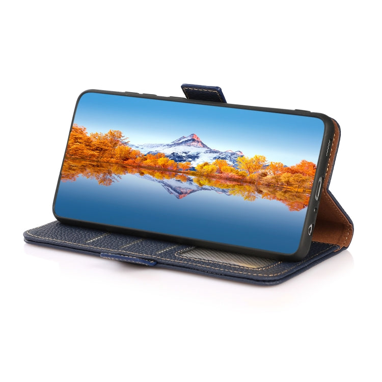KHAZNEH genuine leather RFID phone case, blue, open folio with phone display
