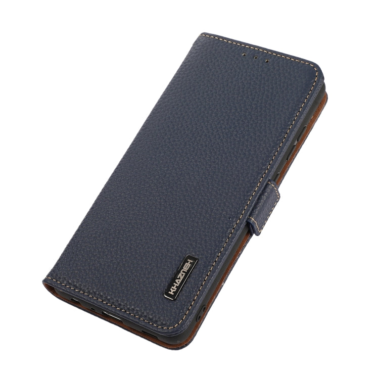 KHAZNEH litchi genuine leather RFID phone case, blue, angled closed view