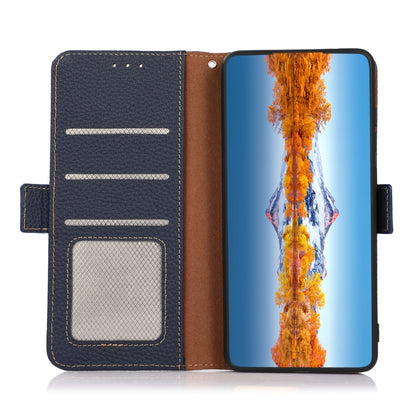 KHAZNEH genuine leather RFID phone case, blue with brown interior, card slots