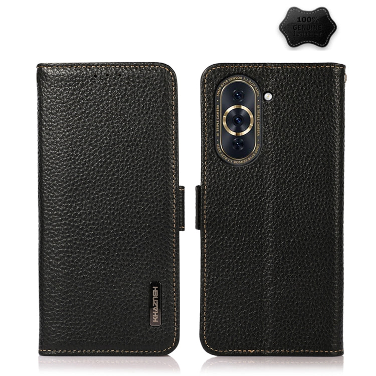 KHAZNEH genuine leather RFID phone case, blue litchi texture, front and back