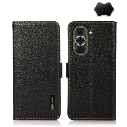 KHAZNEH genuine leather RFID phone case, blue litchi texture, front and back