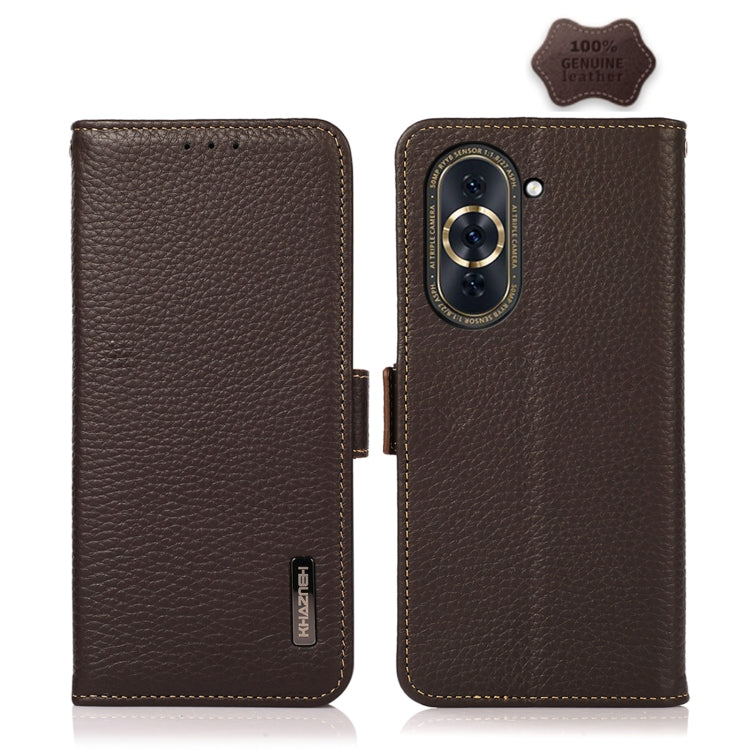 Brown genuine leather RFID phone case with litchi texture and side-magnetic closure