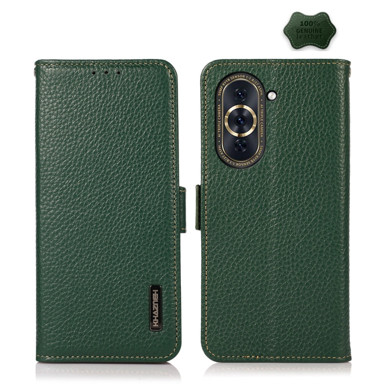 Green litchi-textured leather RFID phone case with side-magnetic closure, camera cutout