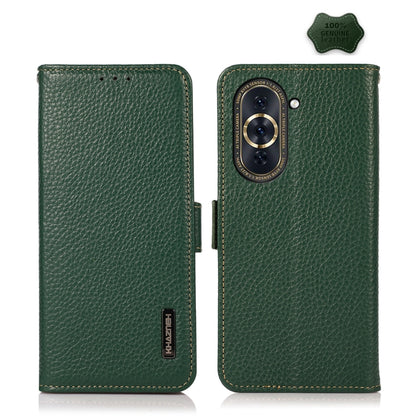 Green litchi-textured leather RFID phone case with side-magnetic closure, camera cutout