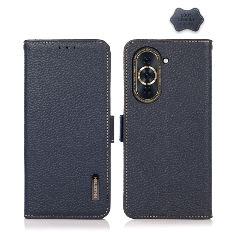Dark blue genuine leather RFID phone case with litchi texture and side-magnetic closure