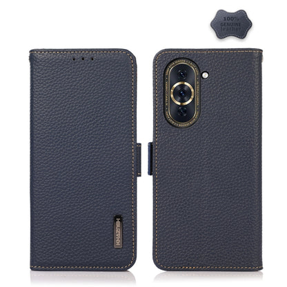 Dark blue genuine leather RFID phone case with litchi texture and side-magnetic closure