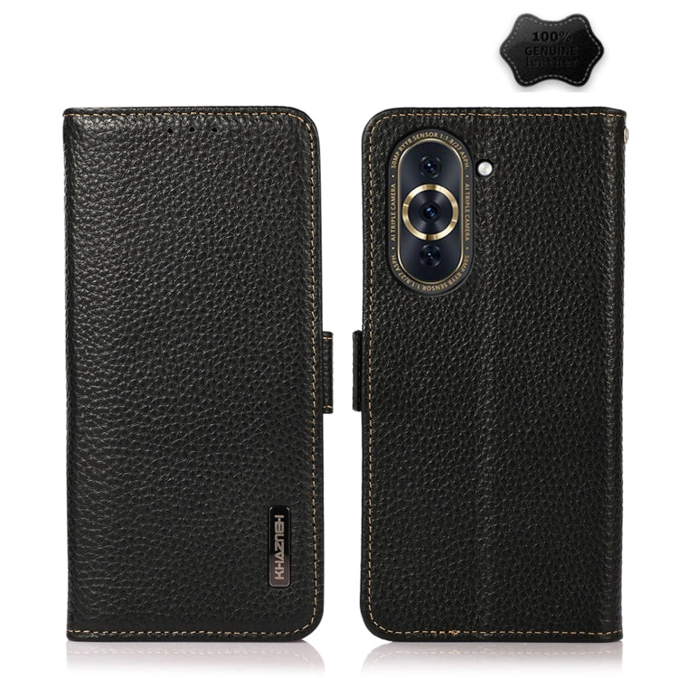 Black genuine leather RFID phone case with litchi texture and side-magnetic closure