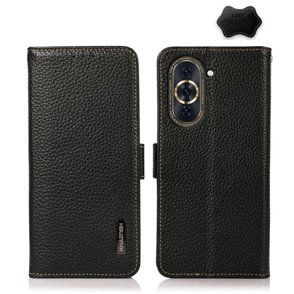Black genuine leather RFID phone case with litchi texture and side-magnetic closure